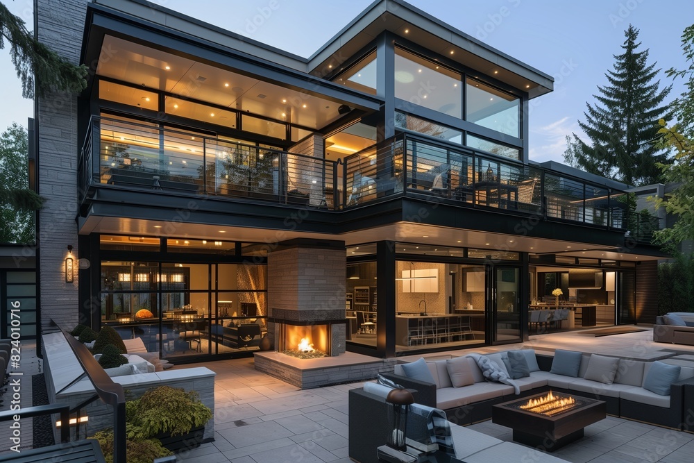 Image showcasing : A sophisticated modern suburban house with a glass and steel exterior ...