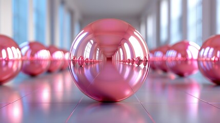 Wall Mural -   A collection of glistening pink orbs rests atop a tiled surface adjacent to an array of expansive glass panes