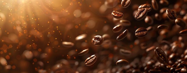 Dark background, closeup of coffee beans falling from above in blurred brown tones with a blurred background