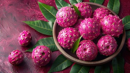   A bowl brimming with numerous pink fruits rests atop a verdant table, in proximity to a pair of scissors