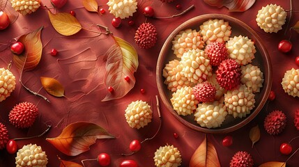 Wall Mural -   Autumn leaves and red berries surround a table holding a bowl filled with creamy macaroni and cheese