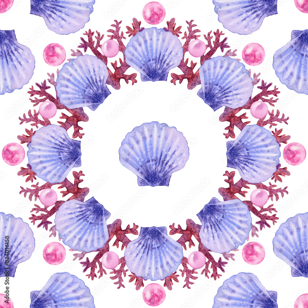 Marine seamless pattern red corals, shiny pink pearls, shells frame ...