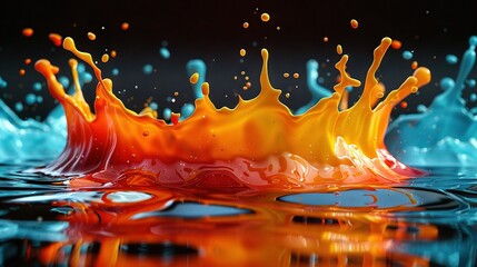 Wall Mural -   A orange-blue liquid splashes into water, creating orange and blue ripples on its surface