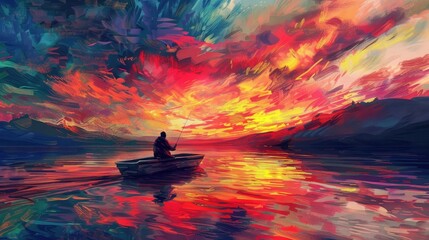 Wall Mural - Vibrant lakeside sunset, silhouette of a lone fisherman on a boat, colors reflecting on the water, intense sky realistic