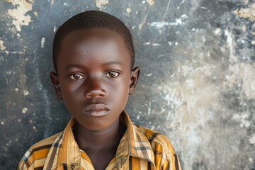 Canvas Print - Close-up of a contemplative young boy with a soulful look against a grunge backdrop