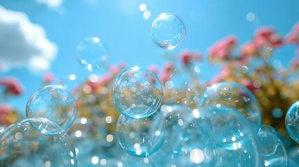 Wall Mural -   A group of bubbles drifting in the sky against a blue backdrop with pink blossoms in the foreground