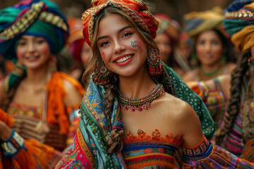 Poster - A traditional dance performance featuring colorful costumes and rhythmic movements, celebrating cultural heritage and identity. Concept of folk traditions and cultural expression. Generative Ai.