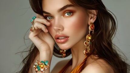 Poster - Elegant woman with colorful jewelry posing. Close-up portrait with focus on emerald ring and golden earrings. AI generated. AI