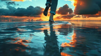 Wall Mural - walking on water, twilight background, reflection on water, dramatic clouds realistic