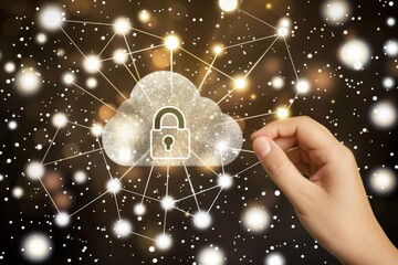 Wall Mural - Hand holding a glowing cloud with interconnected locks, symbolizing robust cloud security in a golden network environment.