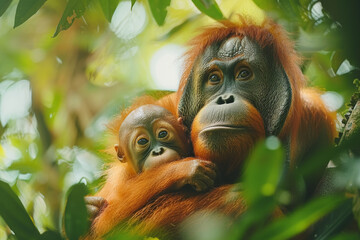 Wall Mural - A mother orangutan swinging through the canopy with her baby clinging tightly to her fur, teaching it the skills of arboreal life. Concept of primate behavior and maternal care. Generative Ai.