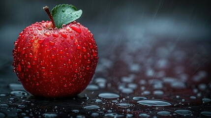   A red apple sits on a green leaf atop a table with raindrops