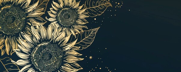 A dark blue background with sunflowers in gold line art Generative AI