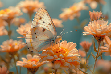 Wall Mural - Light pastel yellow and coral butterfly garden. Concept of nature and beauty. Generative Ai.