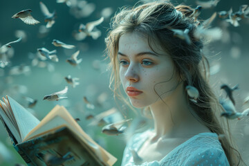 Poster - A woman reading a book with pages turning into birds. Concept of imagination and freedom. Generative Ai.