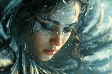 Wall Mural - a girl with a cape made of feathers. concept of flight and fantasy. generative ai.