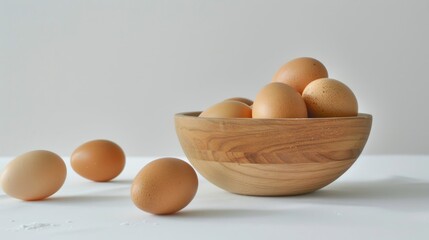 Wall Mural - One egg placed in a wooden bowl with the rest scattered around on a white surface