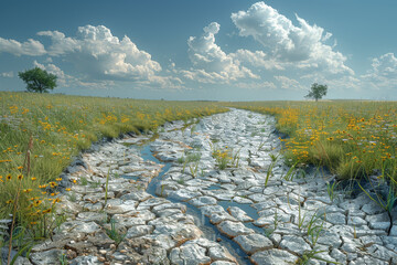 Wall Mural - A dry riverbed filling with water, bringing life to the surroundings. Concept of renewal and sustenance. Generative Ai.