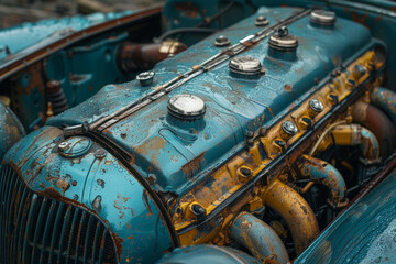 Poster - a mechanic fixing the engine of an old car. concept of repair and expertise. generative ai.