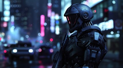 Cyborg fiction military army patrol in futuristic night city blur background. AI generated image