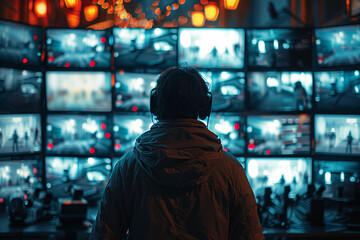 Poster - A security guard monitoring cameras in a control room. Concept of safety and vigilance. Generative Ai.