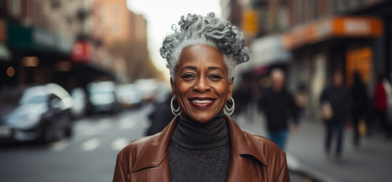 Attractive smiling white haired black mature woman posing in a city street looking at the camera