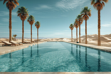 Wall Mural - A tranquil oasis nestled amidst desert dunes, where palm trees sway gently in the breeze and a pristine pool beckons weary travelers. Concept of desert sanctuary. Generative Ai.