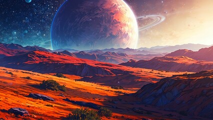 Wall Mural - Alien planet landscape anime illustration, large moon rising over hills and mountains, rocks and red soil