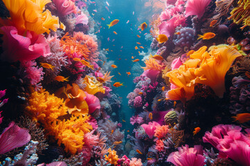 The surreal beauty of an underwater coral reef, teeming with vibrant marine life amidst a kaleidoscope of colors. Concept of underwater paradise. Generative Ai.
