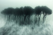 © Sebastian - The ethereal beauty of a fog-shrouded forest, where gnarled trees loom like silent sentinels amidst a swirling sea of mist. Concept of mystical woods. Generative Ai.