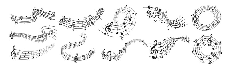 Music notes wave isolated, group musical notes background. Musical notes melody on transparent background