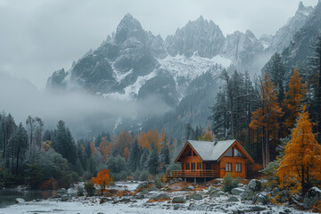 Wall Mural - A secluded mountain cabin surrounded by towering peaks and ancient forests, where the solitude of nature fuels the creative spirit. Concept of mountain muse. Generative Ai.