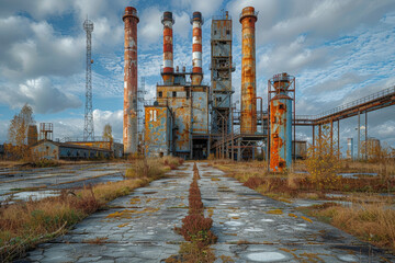 Sticker - A decaying industrial complex, its smokestacks silent and its machinery rusted and still, a monument to a bygone era. Concept of industrial obsolescence. Generative Ai.