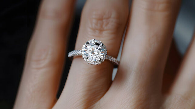 close up of an elegant engagement diamond ring on woman finger. love and wedding concept. diamond ri