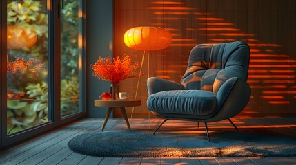 Sticker - A cozy living room with a lamp, a potted plant, and a chair. The room is dimly lit, creating a warm and inviting atmosphere