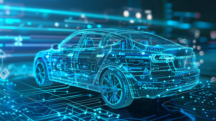 hologram of 3d model of electric car engineering, futuristic project and development of vehicle, transportation concept, electronics in auto industry, holographic modern design