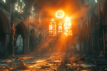 Wall Mural - a crumbling cathedral lost to time, its stained glass windows shattered and its once-majestic spires