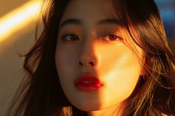 Sticker - Close-up of a young woman's face illuminated by warm sunset light