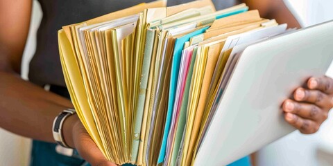 Aufkleber - Efficient Document Handling: A Professional Organizing a Large Stack of Papers Over a Laptop, Highlighting the Demands and Efficiency Required in Modern Office Workflows, Generative AI