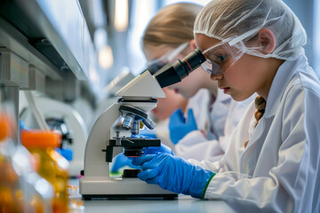 Poster - Eager junior scientists exploring the microbial world through a microscope, observing bacteria and microorganisms in samples from different environments.  Generative Ai.