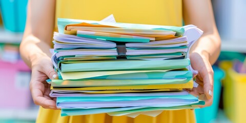 Aufkleber - Organized Office: A Person Holding a Colorful Stack of Folders and Documents, Representing Effective File Management and Organization in a Busy Workplace Environment, Generative AI