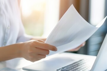 Fototapete - Reviewing Documents: A Professional Holding Papers in Front of a Laptop, Emphasizing the Importance of Accuracy, Detail, and Productivity in a Modern Office Setting, Generative AI