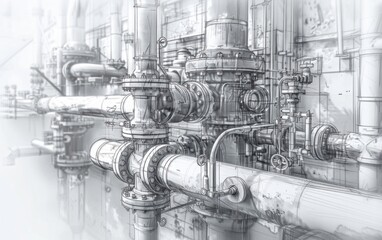 Wall Mural - Complex network of industrial pipes and valves in a monochrome sketch.