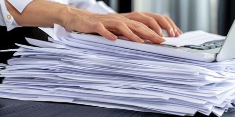 Aufkleber - Close-Up of Hands Managing Documents and Typing on a Laptop, Representing Productivity, Organization, and Professionalism in a Modern Workspace