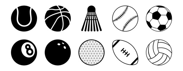 Ball icons. Balls for Soccer, Football, Tennis, Golf, Bowling, Basketball, Hockey, Volleyball, Rugby, Pool, Baseball. Sports balls minimal flat icon set