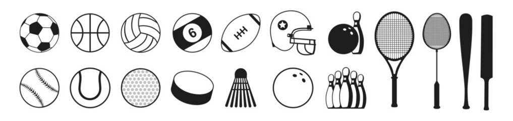 Wall Mural - Sports equipment vector illustration. Vector icons set of sport inventory with balls for volleyball, baseball, football game and tennis, golf ball, billiard, racket, bowling