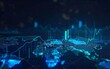 © OLGA - Dark background with glowing blue financial graphs and world map silhouette.
