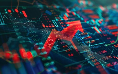 Wall Mural - Dynamic graph with a red downturn arrow over colorful financial data.