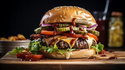 Close-up of a delicious gourmet burger with all the toppings, served on a wooden board