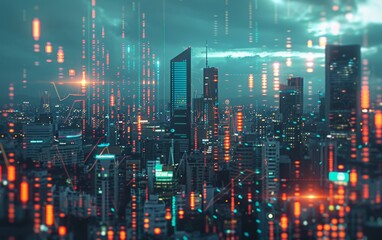 Futuristic blue digital cityscape with glowing financial graphs.